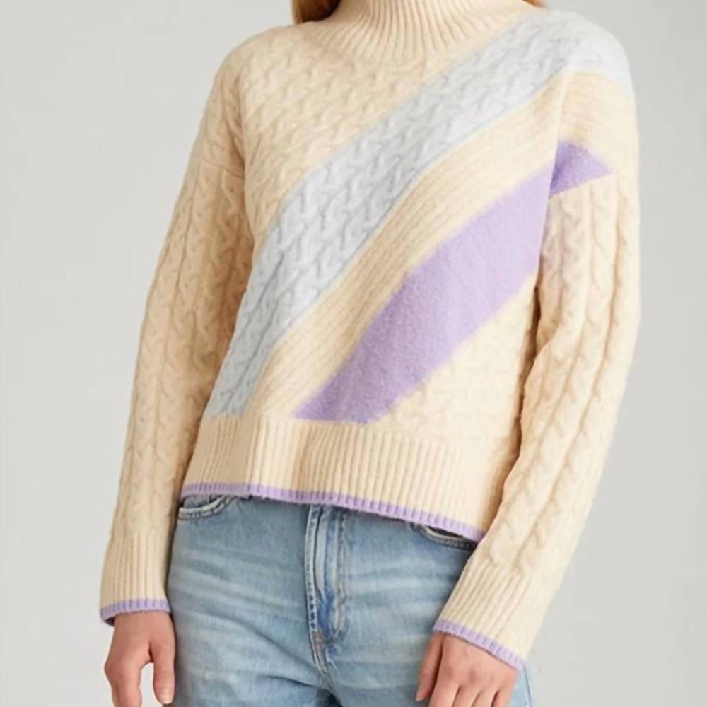 525 America Cream Cable Turtleneck Sweater with Lilac & Light Blue Panels